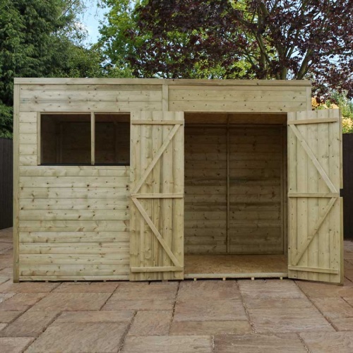 10 x 8 Shiplap Pressure Treated Pent Wooden Garden Shed Double Door