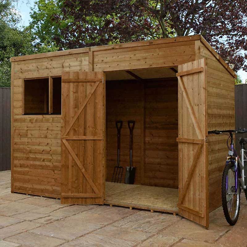 10 x 6 Shiplap Pressure Treated Pent Wooden Garden Shed Double Door